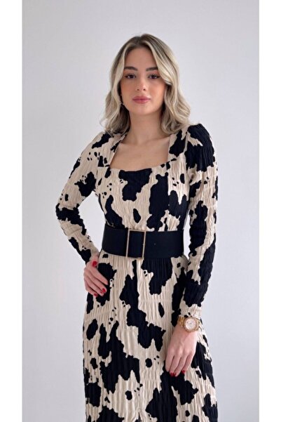 NY Women's Black Cream Gipe Viscose Belt Slit Dress