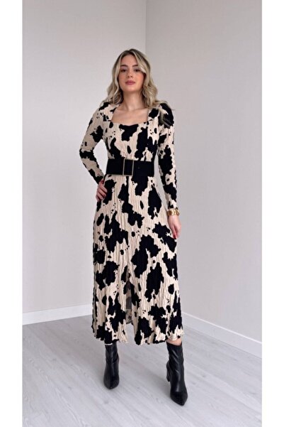 NY Women's Black Cream Gipe Viscose Belt Slit Dress