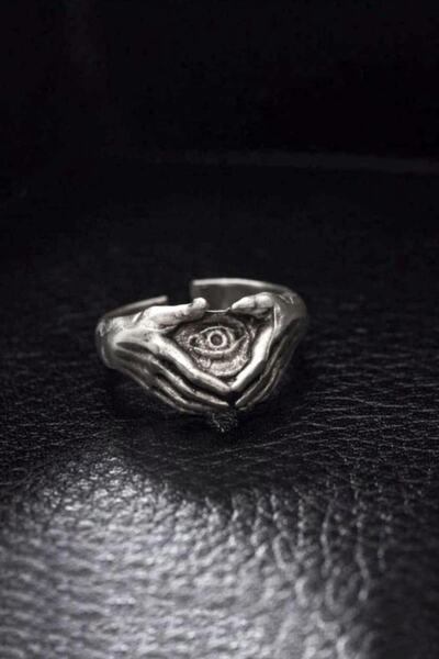 The Collection Antik Gümüş Kaplama Illuminati Avuç Içi Tek Göz Ayarlanabilir Yüzük