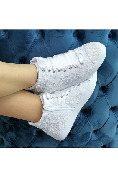 Ayakkabı Tutkusu Stilo ® Luxury White Bridal Shoes with Internal Zipper Appliques and Pearls and Satin Ribbon