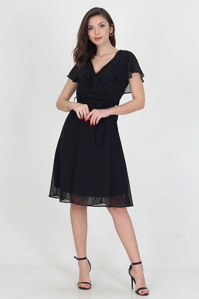 Neşeli Butik Γυναικείο Μίντι Μήκος Νέας Σεζόν Φόρεμα σιφόν με διπλό γιακά με μανίκι άγγελο Ry8081