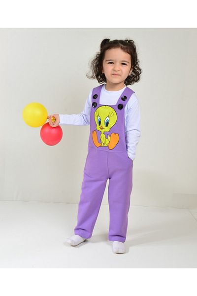 KİDSPİTİRCİK Unisex Kids Lilac Tweety Patterned Salopet + Badi