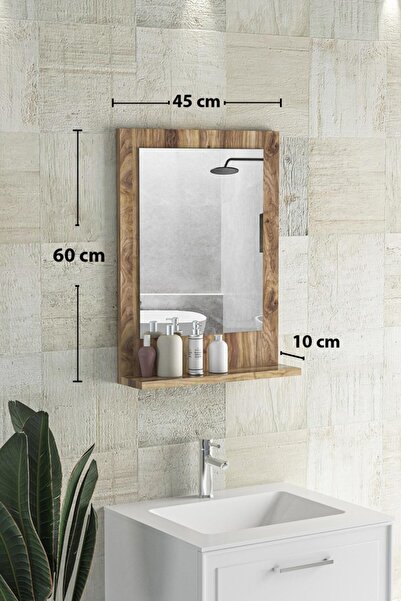 Resmo Verona 45x60cm Ceviz Raflı Banyo Aynası Dresuar Hol Koridor Duvar Salon Wc Ofis Yatak Odası Boy Ayna