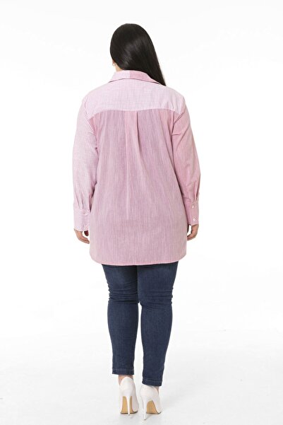 DISENTIS MODEST Büyük Beden Asimetrik Kesim Yanları Yırtmaçlı Manşetli Robalı Çizgili Düz Kumaş Garnili Pembe Gömlek