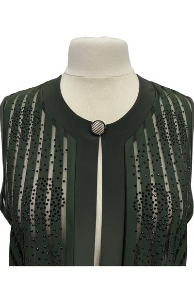 HESNA Green Stone Embroidered Long Mother's Evening Dress Vest with Brooch