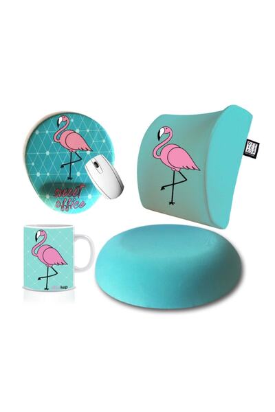 Officeküp Avantajlı 4'lü Ofis Seti: Visco Bel Destek Yastığı & Oturma Minderi & Mousepad & Kupa - Flamingo