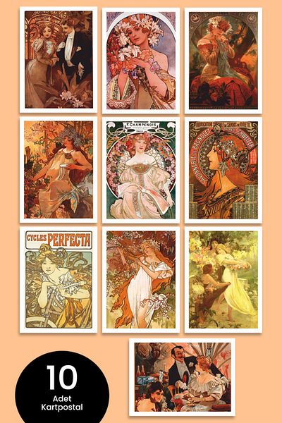 Özer Store 10 Pieces Alfons Mucha Themed Paintings Postcard Set