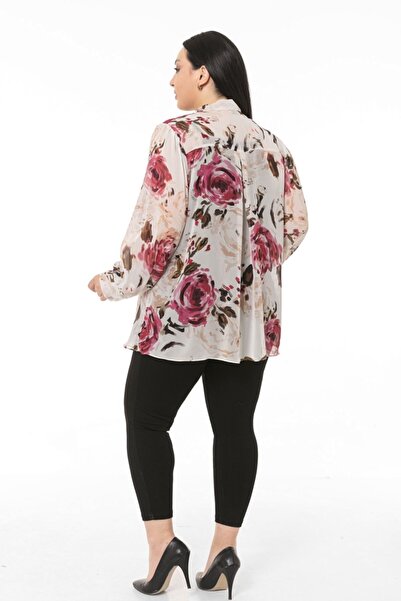 DISENTIS MODEST Large Size Floral Patterned Ecru Chiffon Shirt with Scarf and Cuffs