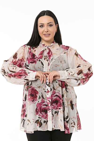 DISENTIS MODEST Large Size Floral Patterned Ecru Chiffon Shirt with Scarf and Cuffs