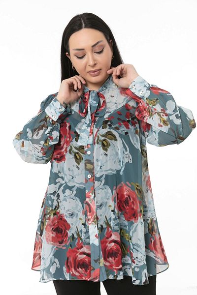 DISENTIS MODEST Plus Size Floral Patterned Turquoise Chiffon Shirt with Scarf and Cuffs
