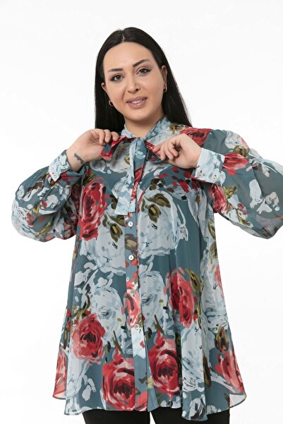 DISENTIS MODEST Plus Size Floral Patterned Turquoise Chiffon Shirt with Scarf and Cuffs