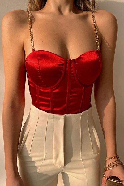 Genel Markalar Kadın Saten Zincir Askılı Kırmızı Büstiyer