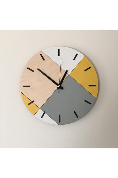 Wooden Geometric Patterned Yellow Wall Clock 48x48 Cm