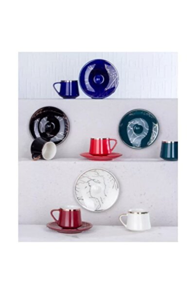 ACAR 6 Kişilik Renkli Mermer Desen Fincan Takımı 9625
