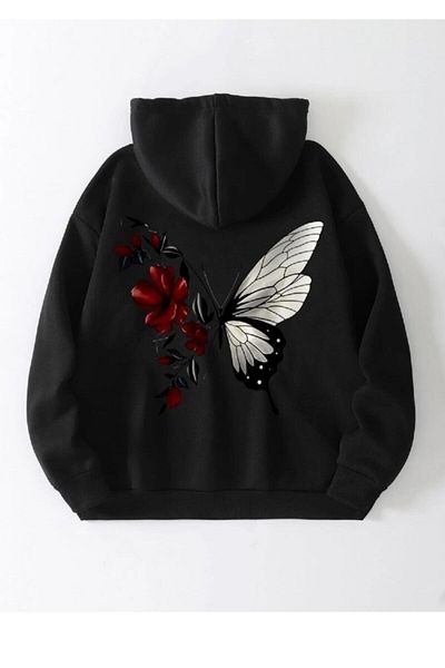 Deocept Women's Black Red Butterfly Printed Sweatshirt