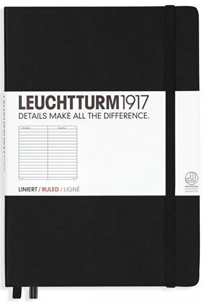 Leuchtturm1917 Orta Boy (A5) Not Defteri, Sert Kapak, Çizgili, Siyah Kapak
