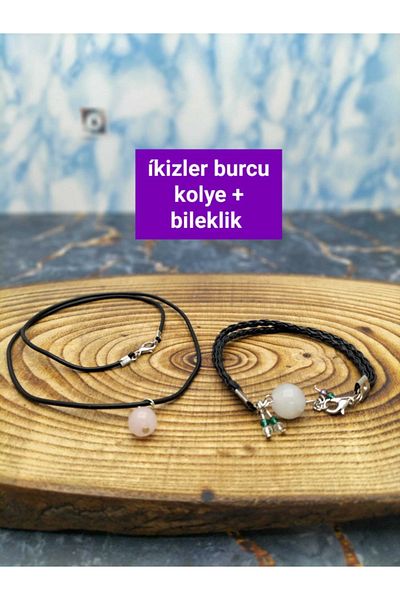 By Damla Collection Natural Stone - Gemini Zodiac Bracelet + Necklace Gift - Pink Quartz Stone - Unisex