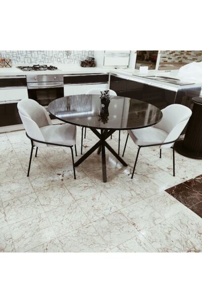 ALTAN HOME 100 Çap Siyah Mermer Desen Masa Metal Ayaklı Lüks Sandalye