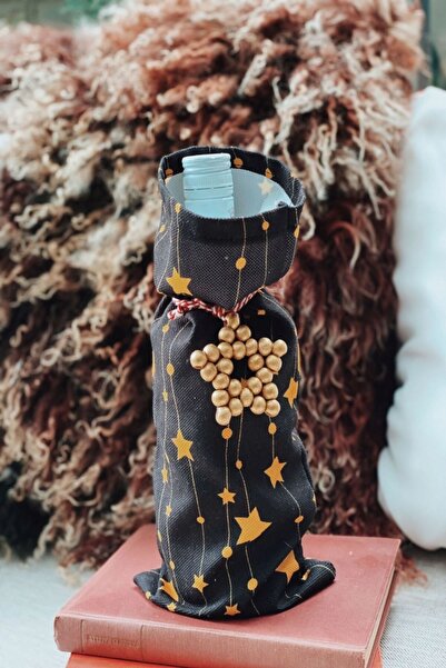 Emtory Home Dekoratif Siyah & Gold Yıldızlı Şişe Kılıfı & Ahşap Yıldız