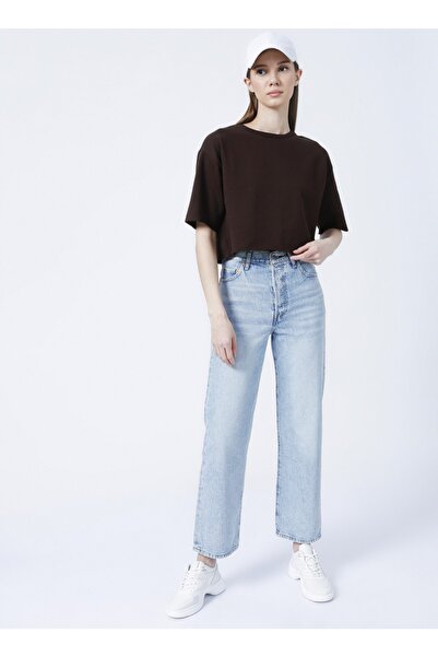 Fabrika Bisiklet Yaka Crop Düz Kahve Kadın T-shirt - Yang