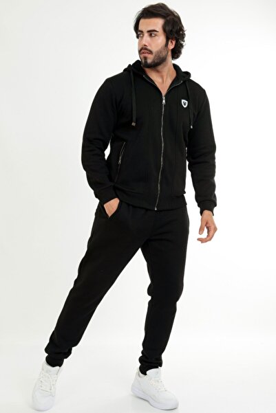 Marco Ferry Black Men's Front Zipper Hooded 3 Thread Winter Tracksuit Set Edy...