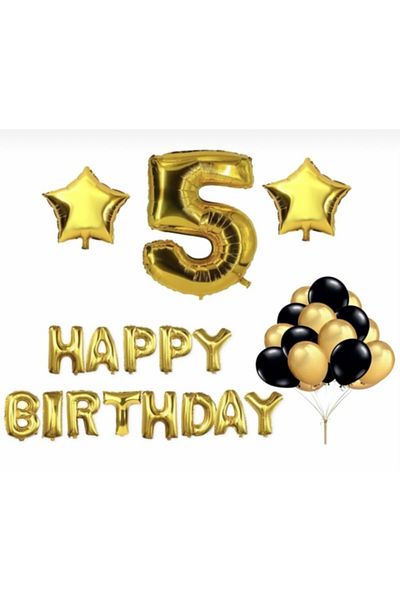 Deniz Party Store Age 5 Happy Birthday - Star Gold Foil and Balloon Star Set