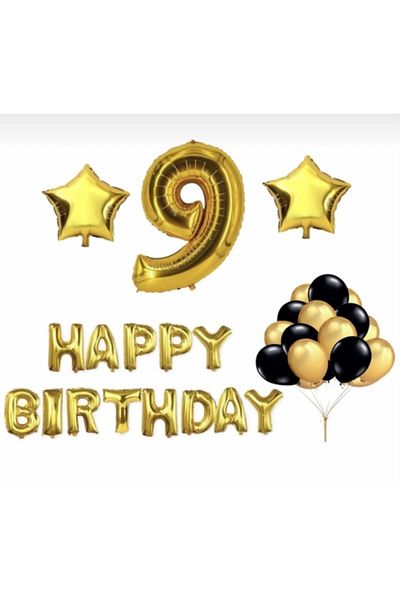 Deniz Party Store Gold 9 Years Happy Birthday Set with Foil Balloons and Stars