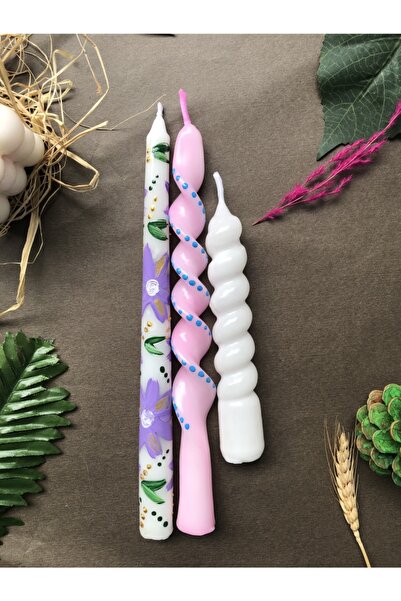 Elif Design 3 Lü Şamdan Mum Seti Kokulu Desenli Şamdan Mumu Burgu Mum Set