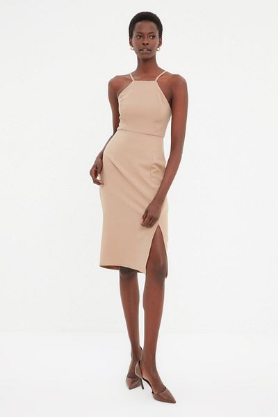 Trendyol Collection Tkané šaty s hnědým tkaným páskem TWOSS19BB0501
