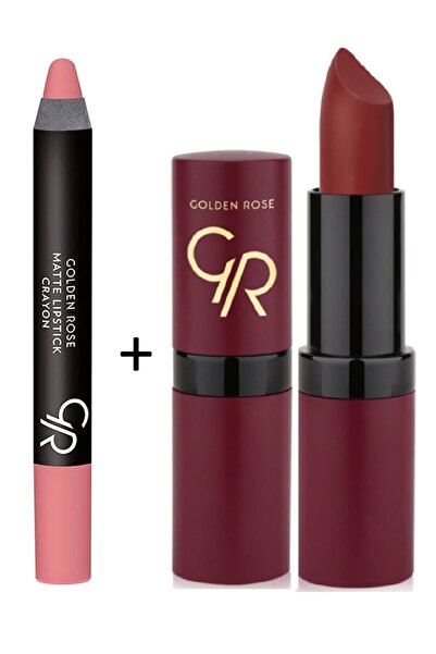 Golden Rose 2 Li Ruj Seti Mat Kalem Ruj - Matte Lipstick Crayon No: 22, Velve...