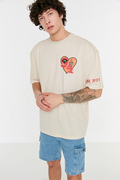 Trendyol Collection Τυπωμένο πέτρινο μπλουζάκι μεγάλου μεγέθους - κοντό μανίκι TMNSS22TS0609