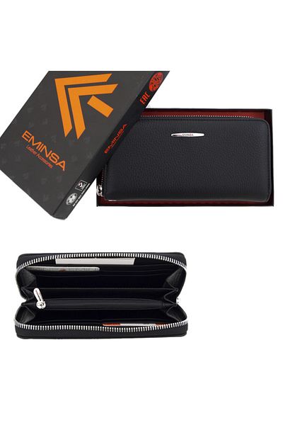 Eminsa Black Genuine Leather Women's Wallet with Hand Holder