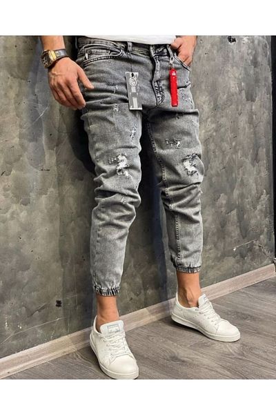 Oliggopol Ανδρικό πέτρινο γκρι ελαστικό πόδι Lycra Boyfriend Jogger Jeans