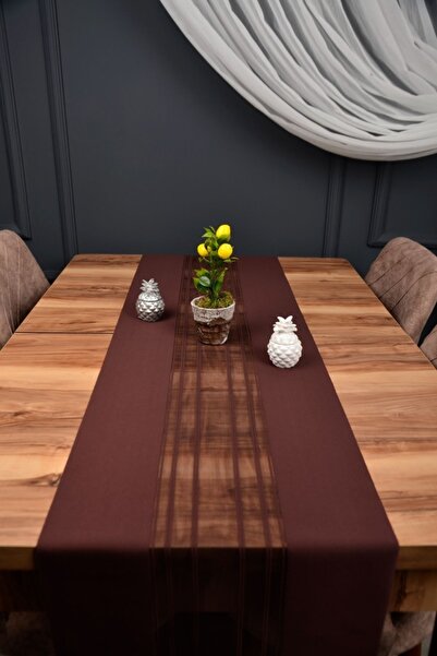 FemsBrown Καφέ χρώμα ριγέ μοντέλο τραπεζομάντιλο κομμένο με λέιζερ