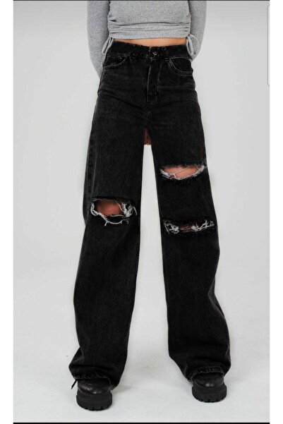 Trn JNS Eyşan 90's Black Extra High Waist Palazzo Loose Jean Trousers