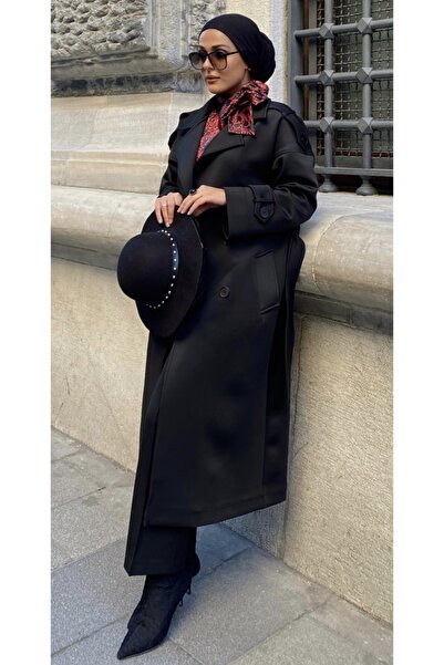 OOTD Kadın Uzun Siyah Trençkot