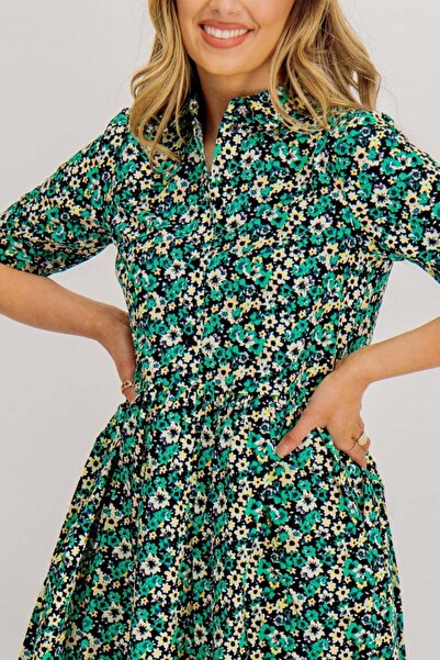 ONLY Rochie Onlrırı 2/4 Shırt Dress Ptm, cu guler de cămașă, talie elastică, închidere cu nasturi, rochie cu mânecă scurtă cu model