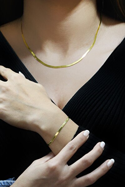 Doğan Silver Kadın Italyan Yassı Kolye Bileklik Takım - Yaldızlı Sarı Dgn20668