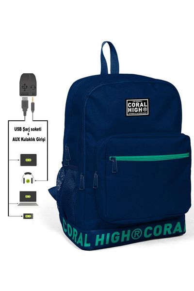 Coral High Logo Embroidered Navy Blue Junior, High School and Daily Backpack (With USB and Aux Socket)