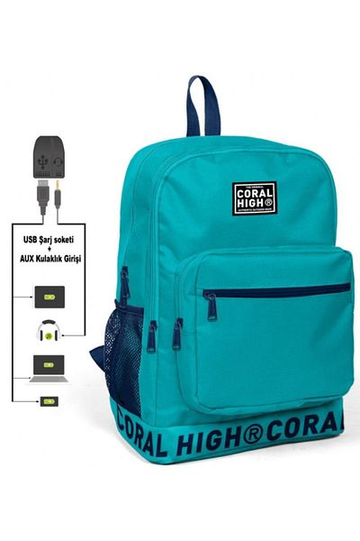 Coral High Logo Embroidered Turquoise Junior, High School and Daily Backpack (With USB and Aux Socket)