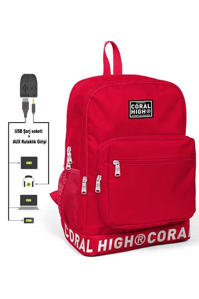 Coral High Rucsac roșu brodat cu logo pentru liceu, liceu și zilnic (cu priză USB și Aux)