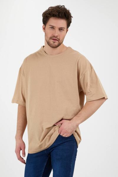 efraim giyim Bež Oversize kroj Oval kroj Muški T-shirt