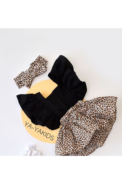 Little Ya Ya Love Baby Girl Leopard Pattern Poplin Ruffle Salopet Bandana Set