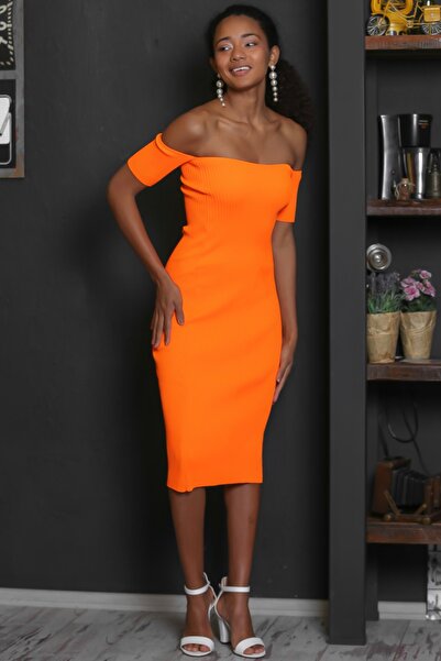 Chiccy Γυναικεία μανίκια γιακά πορτοκαλί Carmen Ραμμένα Midi Πλεκτά Φόρεμα M10160000EL93764