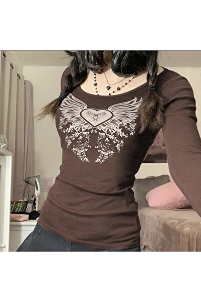 Köstebek Καφέ Μακρυμάνικο Μπλουζάκι Χαρατζούκου Μόδας με Φτερά Καρδιάς σε Στυ...