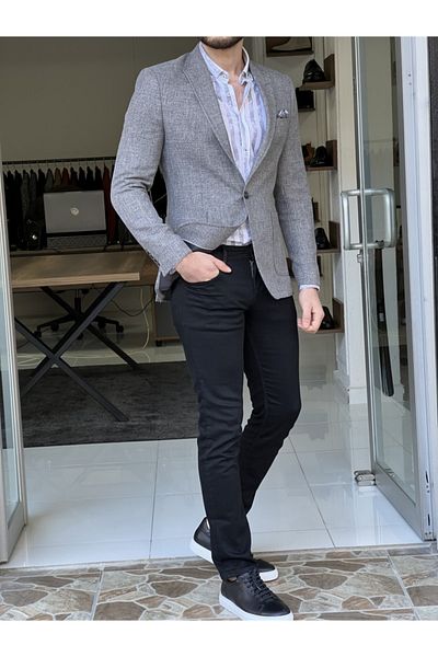 NAZEF Slim Fit High Quality Pointed Collar Bag Pocket Gray Jacket