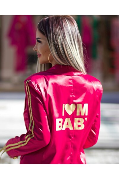 İambabydesign Saten Fuşya Gold Yazılı Ceket