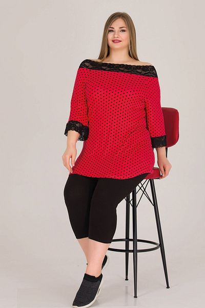 quilling Red Color Polka Dot Oversize Lady-10572 Capri Pajama Set