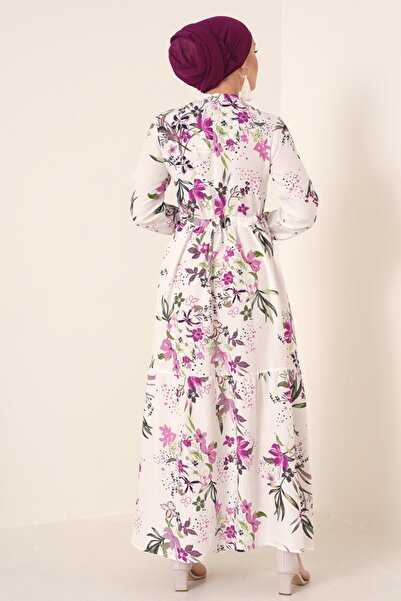 Bigdart 2144 White Patterned Collar Hijab Dress