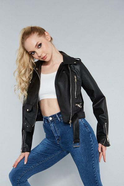 MEECY Damen-Lederjacke mit Reißverschluss und Taschendetail